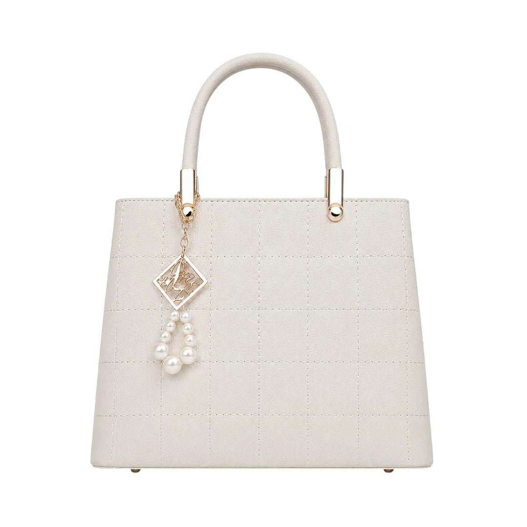 Mbela Elegant Ivory Leather Quilted Handbag with Pearl Charm