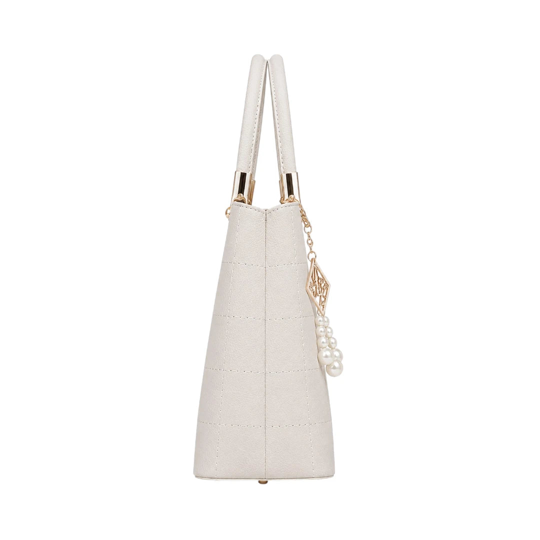 Mbela Elegant Ivory Leather Quilted Handbag with Pearl Charm