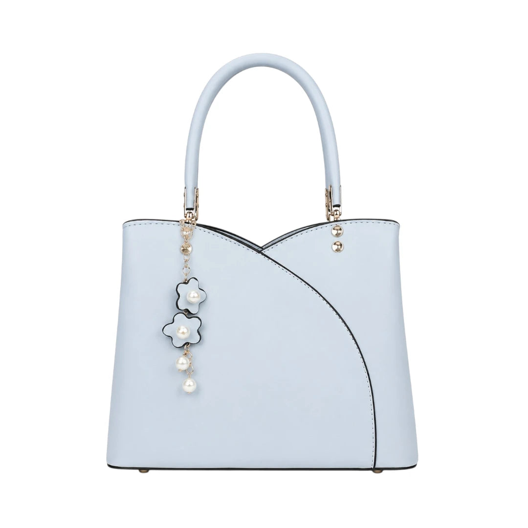Mbela Elegant Sky Blue Leather Handbag with Floral Pearl Charm