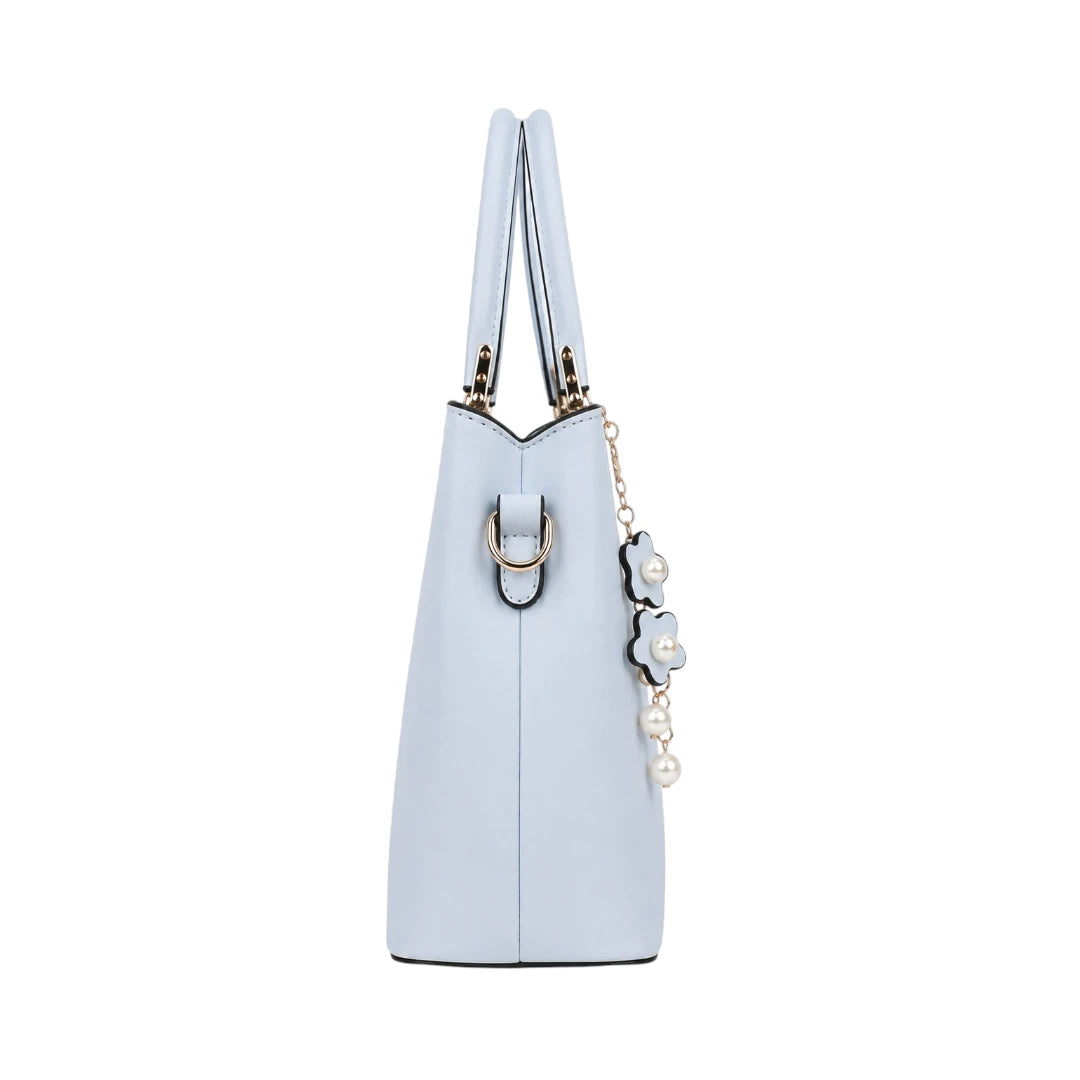 Mbela Elegant Sky Blue Leather Handbag with Floral Pearl Charm