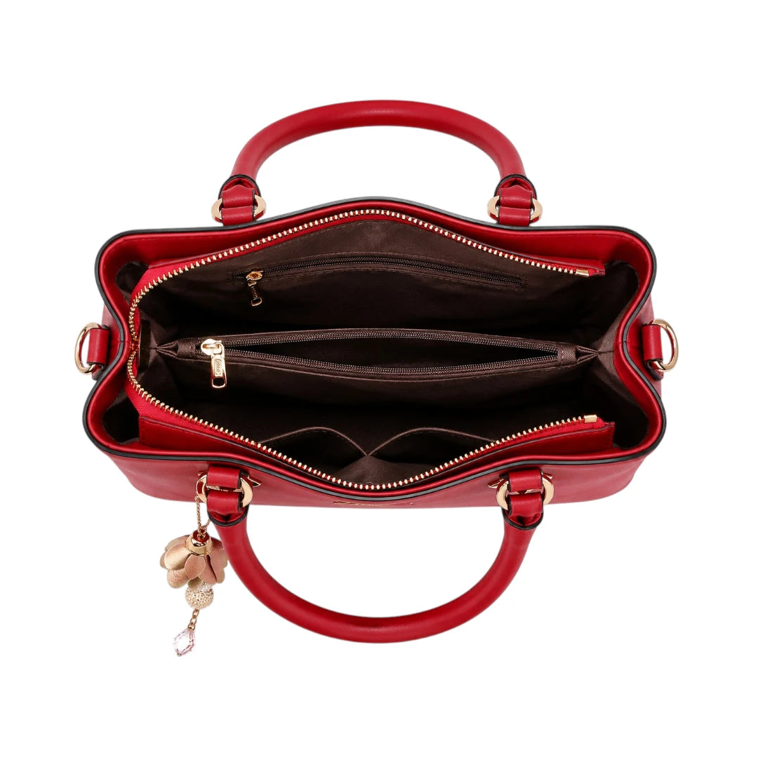 Mbela Scarlet Leather Handbag with Elegant Gold Floral Charm